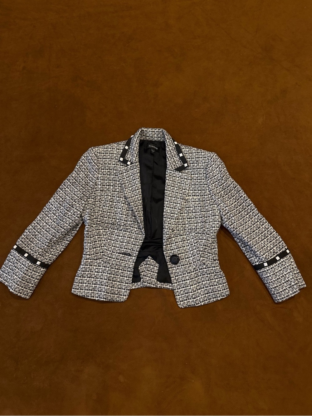 bebe Black and White Tweed Cropped Blazer Jacket